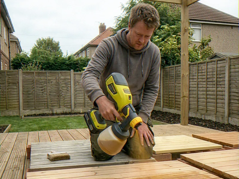 Spraying decking oil along a board in a continuous pass