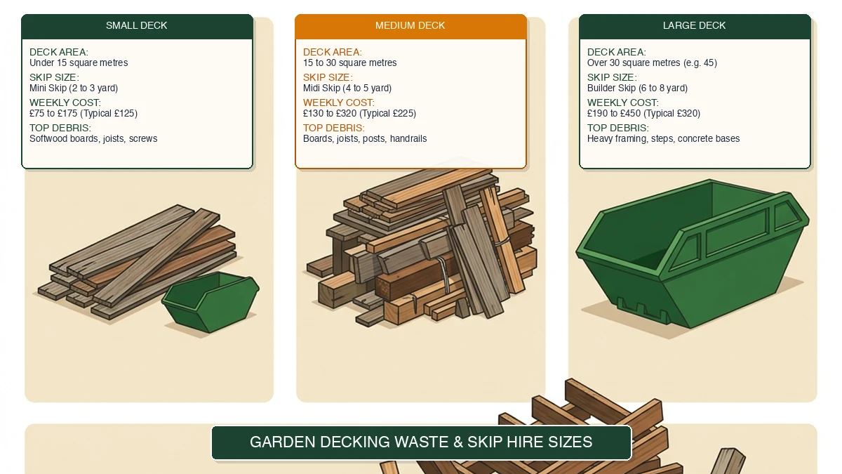 Diagram showing patio and decking sizes with the number of skips needed for rubble disposal